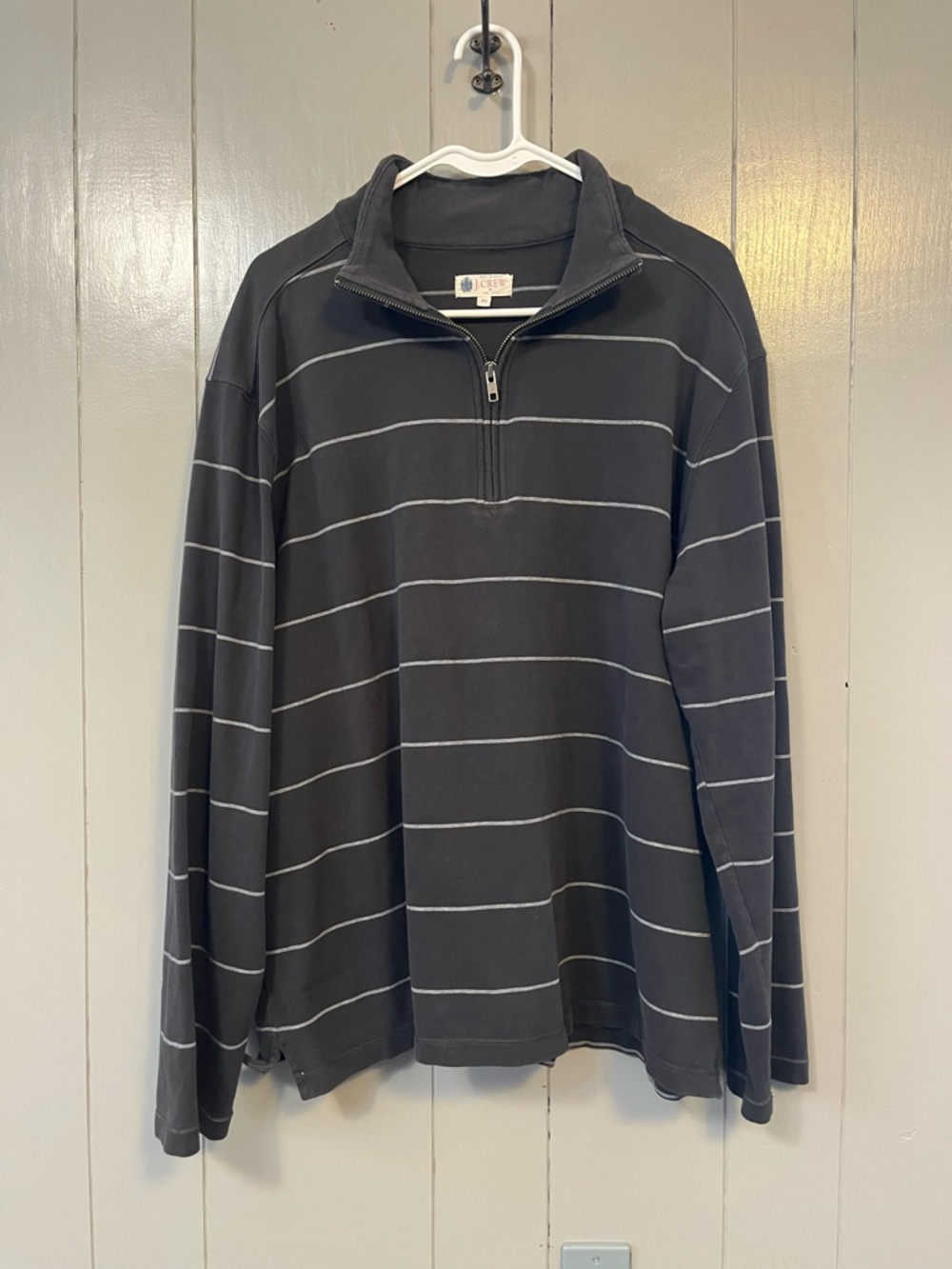 J.Crew Cotton Knit XL Gray White Striped 1/4 Zip Mock Neck Pullover Sweater